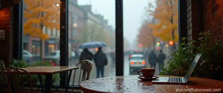 کافه در یک روز بارانی